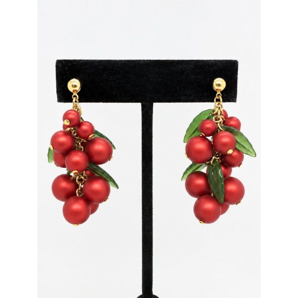 VINTAGE CLUSTER EARRINGS Red Berry Beads Green Leaves Dangle Statement